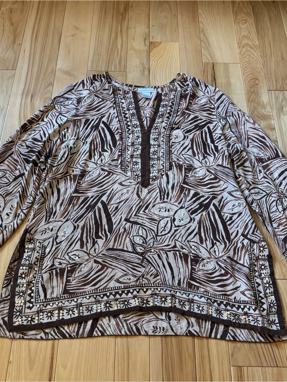 Vintage Soft Surroundings Silk Sequin Embellished Brown Cream Pattern Tunic Top